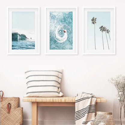 Blue Tint Tropical Photography. 3 Piece Wall Art. Palms, Ocean Waves, Surfers. White Frames with Mat