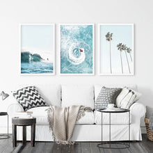 Load image into Gallery viewer, Blue Tint Tropical Photography. 3 Piece Wall Art. Palms, Ocean Waves, Surfers. White Frames
