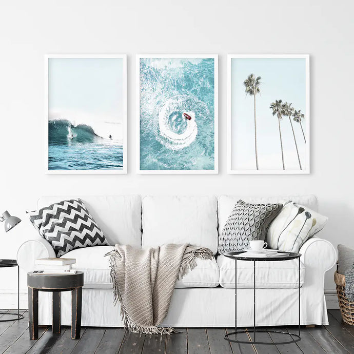 Blue Tint Tropical Photography. 3 Piece Wall Art. Palms, Ocean Waves, Surfers. White Frames