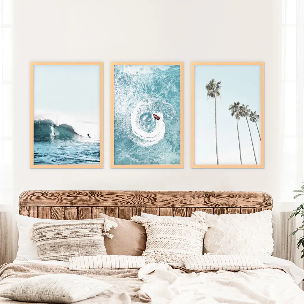 Blue Tint Tropical Photography. 3 Piece Wall Art. Palms, Ocean Waves, Surfers. Wood Frames