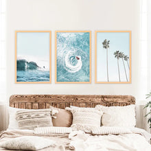 Load image into Gallery viewer, Blue Tint Tropical Photography. 3 Piece Wall Art. Palms, Ocean Waves, Surfers. Wood Frames

