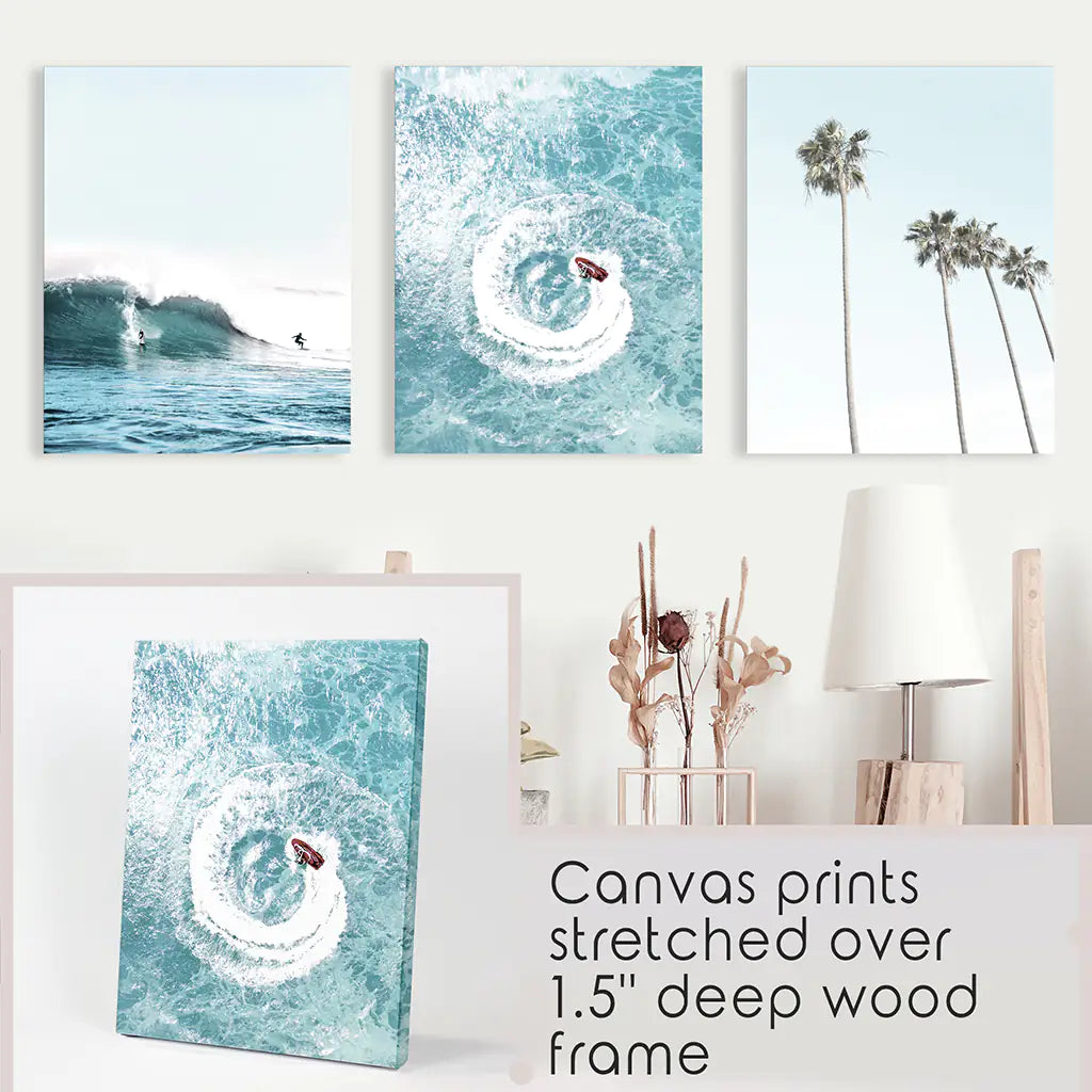 Blue Tint Tropical Photography. 3 Piece Wall Art. Palms, Ocean Waves, Surfers. Canvas Prints