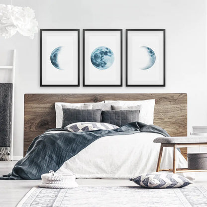 Lunar Phases. Blue Wall Art Set for Boy's Nursery