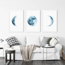Load image into Gallery viewer, Lunar Phases. Blue Wall Art Set for Boy&#39;s Nursery
