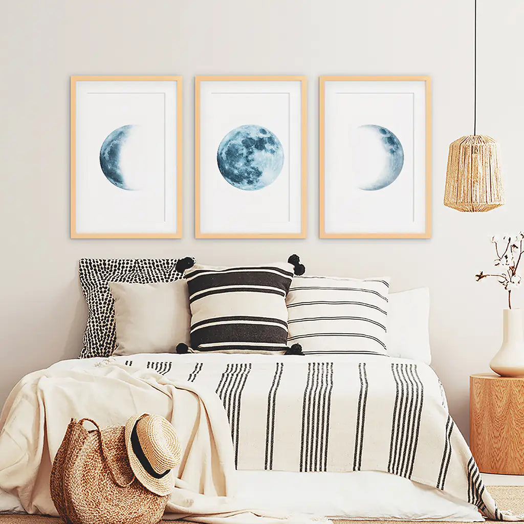 Lunar Phases. Blue Wall Art Set for Boy's Nursery