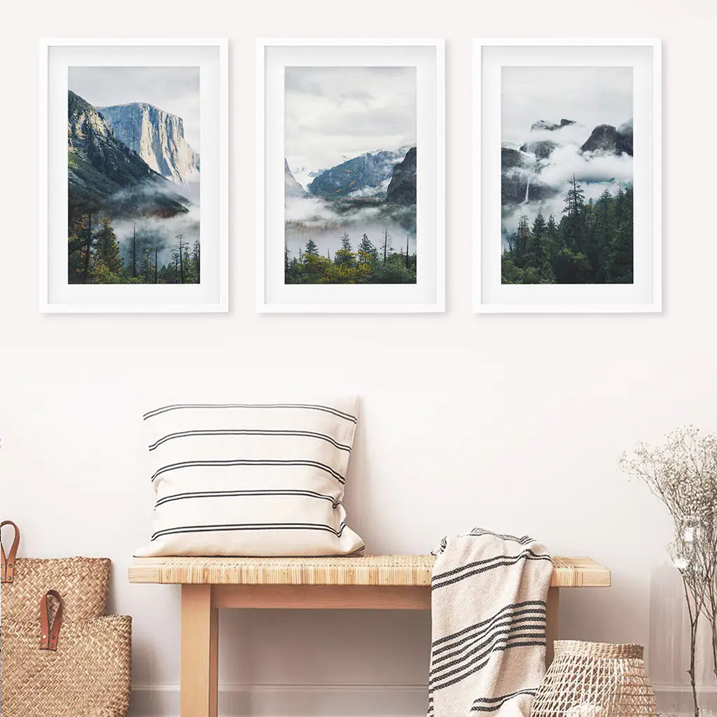 Yosemite Valley. US National Park 3 Piece Wall Art. Foggy Mountain Forest. White Frames with Mat