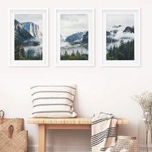 Load image into Gallery viewer, Yosemite Valley. US National Park 3 Piece Wall Art. Foggy Mountain Forest. White Frames with Mat
