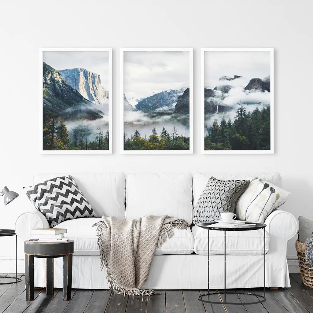 Yosemite Valley. US National Park Triptych. Foggy Mountain Forest. White Frames