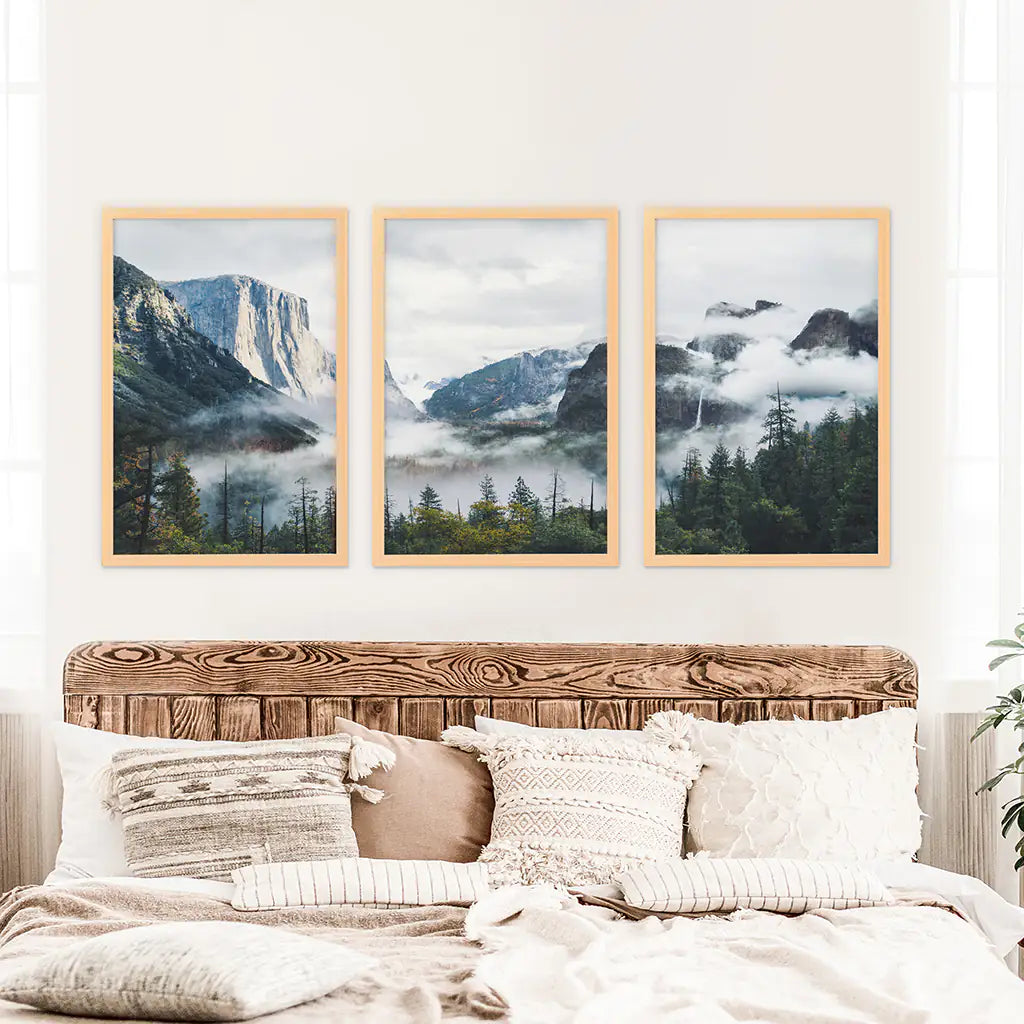 Yosemite Valley. US National Park Triptych. Foggy Mountain Forest. Wood Frames