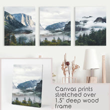 Load image into Gallery viewer, Yosemite Valley. US National Park 3 Panels Wall Art. Foggy Mountain Forest. Stretched Canvas
