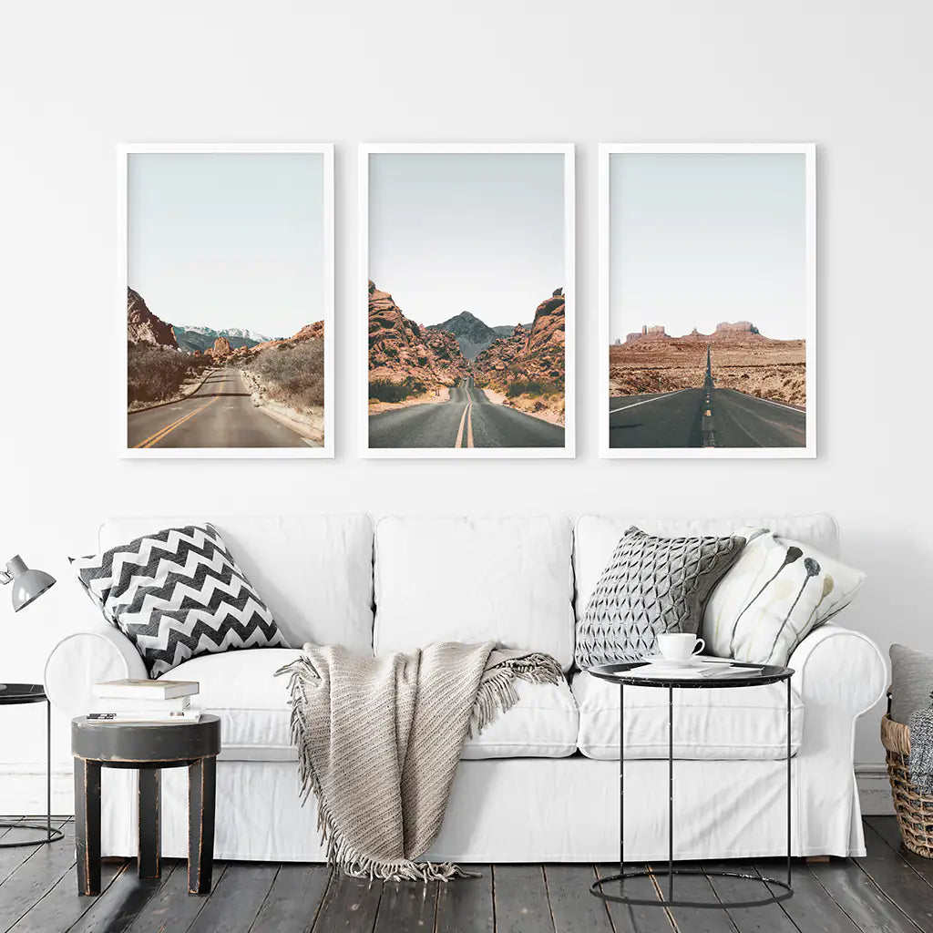 USA Travel Posters. Valley of Fire, Monument Valley, Garden of Gods, Antelope Canyon. White Frames