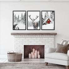 Load image into Gallery viewer, Christmas Mood Wall Art Set of 3. Red Log Cabin, Deer. Black Frames
