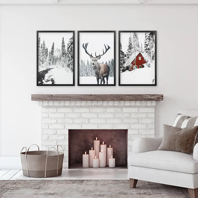 Christmas Mood Wall Art Set of 3. Red Log Cabin, Deer. Black Frames