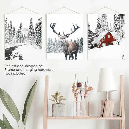 Winter Landscape Wall Art Set of 3. Red Log Cabin, Deer