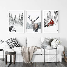 Load image into Gallery viewer, Christmas Mood Wall Art Set of 3. Red Log Cabin, Deer. White Frames
