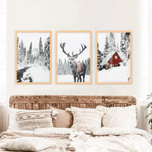 Load image into Gallery viewer, Christmas Mood Wall Art Set of 3. Red Log Cabin, Deer. Wood Frames
