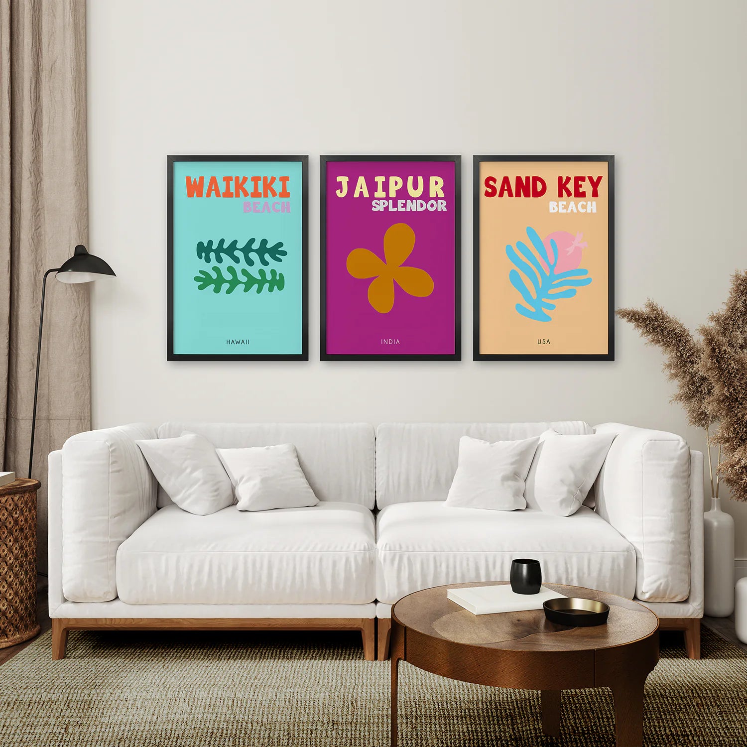 Set of 3 Trendy Y2k Style Posters. Summer Travel Theme. Black Frame. Living Room