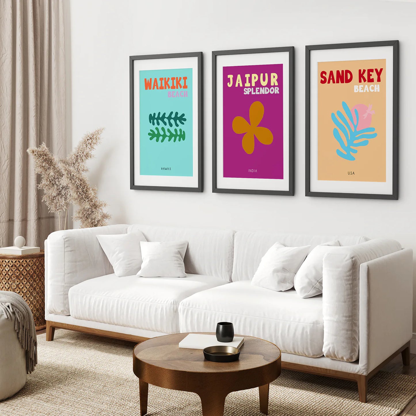 Set of 3 Trendy Y2k Style Posters. Summer Travel Theme. Black Frame with Mat. Living Room
