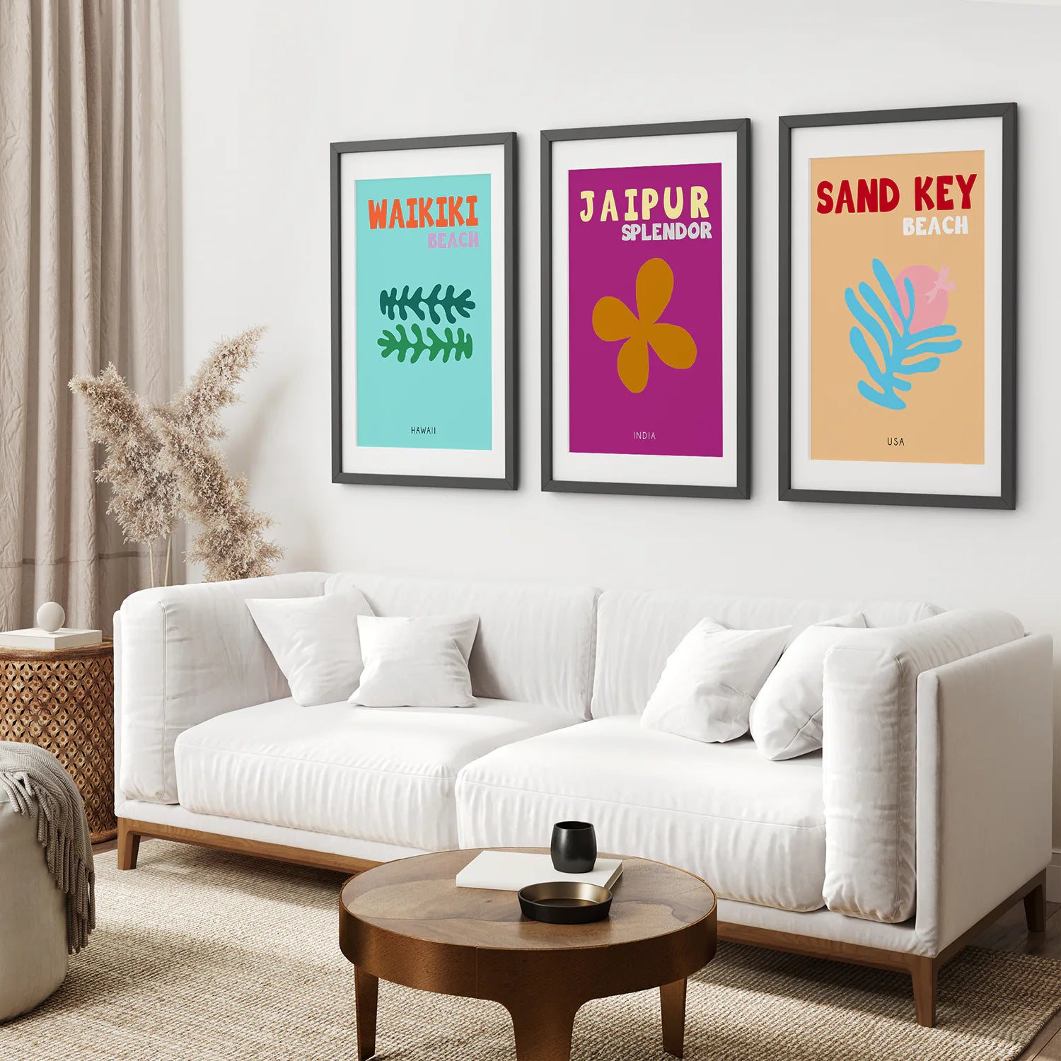 Set of 3 Trendy Y2k Style Posters. Summer Travel Theme. Black Frame with Mat. Living Room