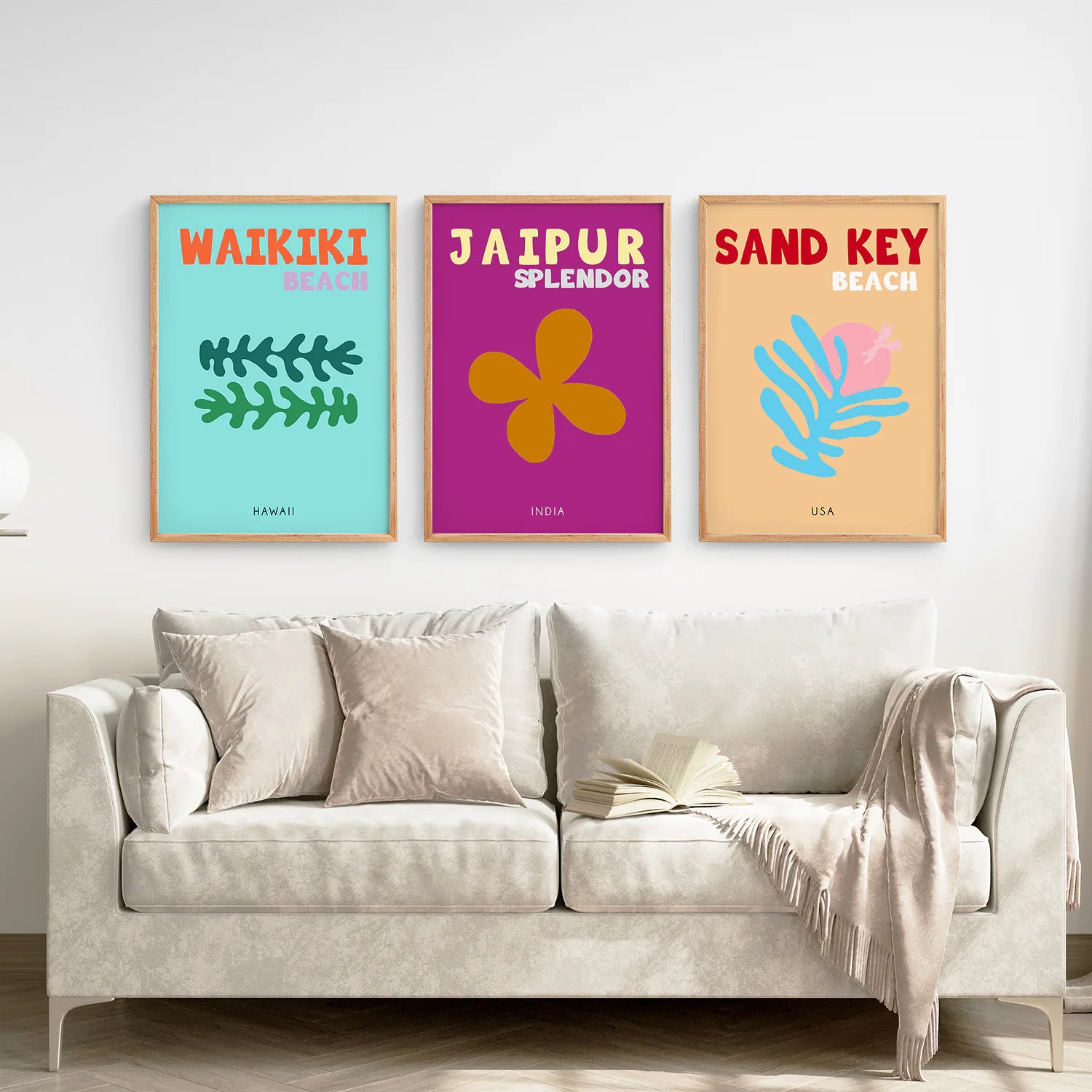 Set of 3 Trendy Y2k Style Posters. Summer Travel Theme. Thinwood Frame. Living Room