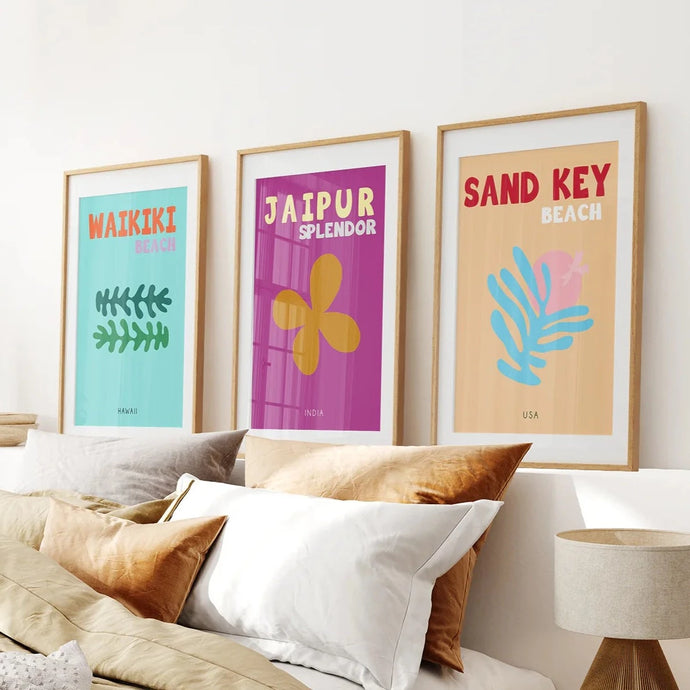 Set of 3 Trendy Y2k Style Posters. Summer Travel Theme. Thinwood Frame with Mat. Bedroom