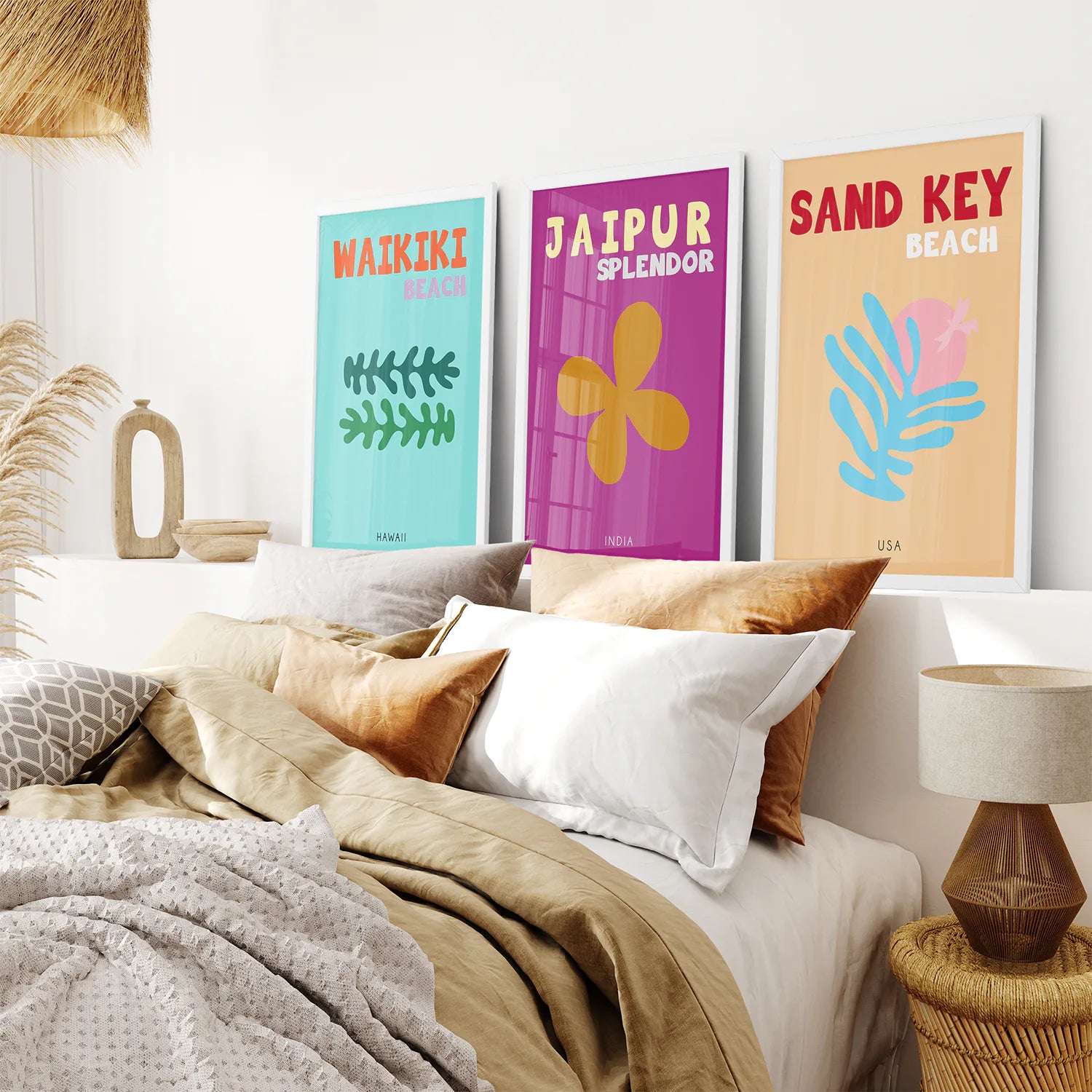 Set of 3 Trendy Y2k Style Posters. Summer Travel Theme. White Frame. Bedroom