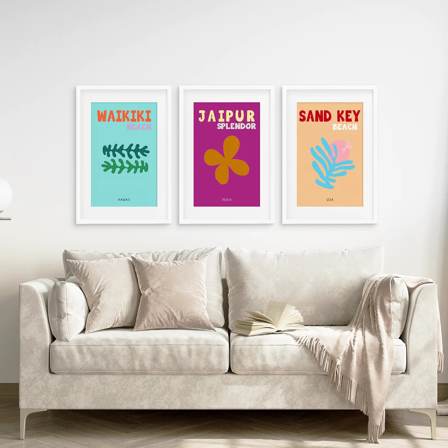 Set of 3 Trendy Y2k Style Posters. Summer Travel Theme. White Frame with Mat. Living Room