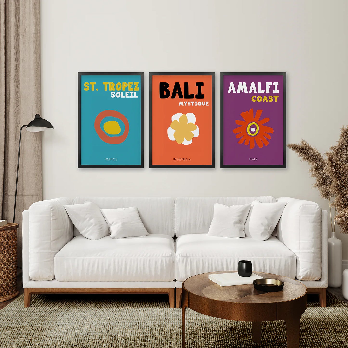 3 Piece Trendy Preppy Style Wall Art Set. Travel Theme. Black Frame. Living Room