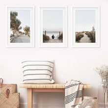 Load image into Gallery viewer, Surfer on the Beach. Coastal 3 Piece Wall Art
