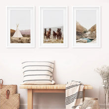 Load image into Gallery viewer, Texas Travel 3 Piece Wall Decor. Big Bend National Park, Wild Horses, Teepee. Black Frames with Mat
