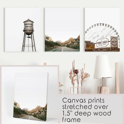 Texas Travel Set of 3 Prints. Water Tower, Ferris Wheel, Road