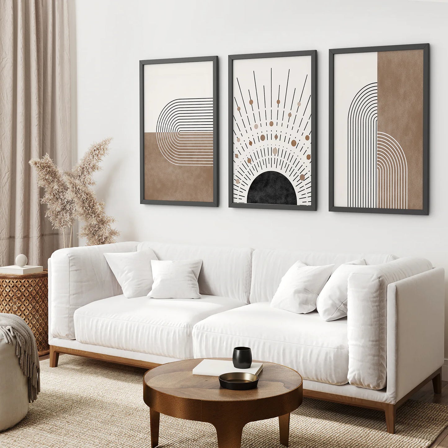 Trendy Mid Century Style Set of 3 Prints. Boho Art. Black Frame. Living Room