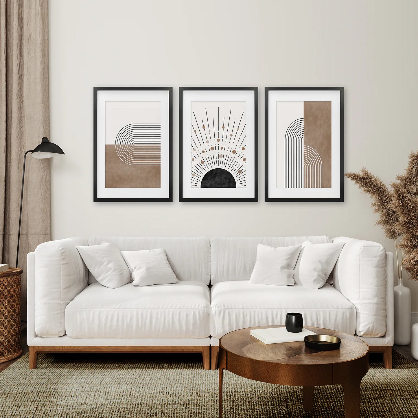Trendy Mid Century Style Set of 3 Prints. Boho Art. Black Frame with Mat. Living Room
