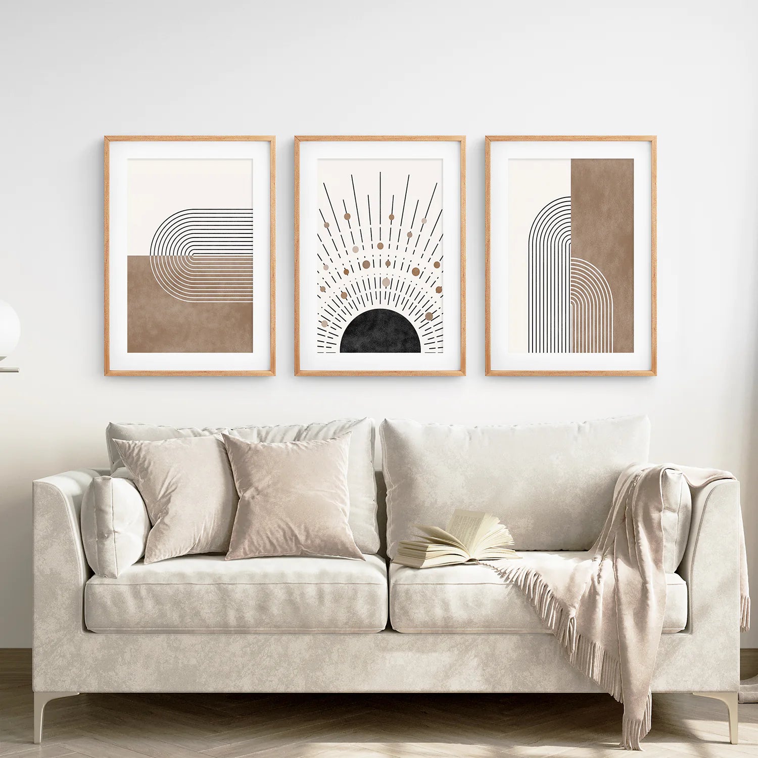 Trendy Mid Century Style Set of 3 Prints. Boho Art. Thinwood Frame with Mat. Living Room