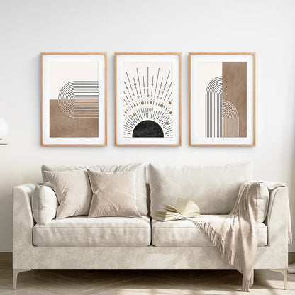 Trendy Mid Century Style Set of 3 Prints. Boho Art. Thinwood Frame with Mat. Living Room
