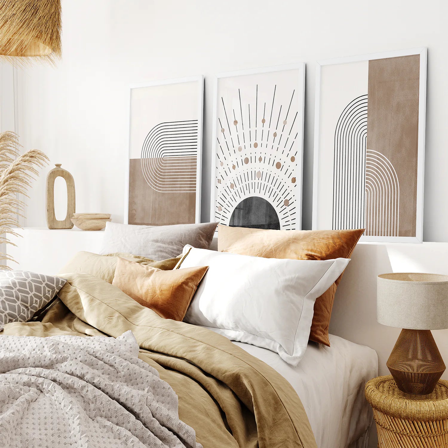 Trendy Mid Century Style Set of 3 Prints. Boho Art. White Frame. Bedroom