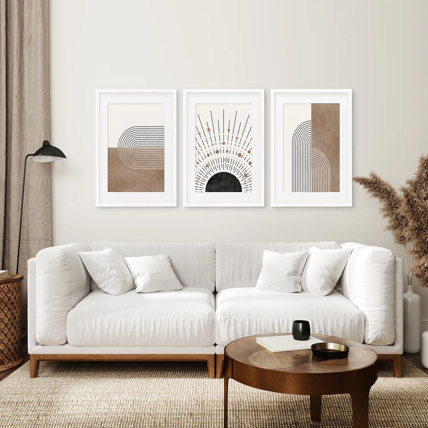 Trendy Mid Century Style Set of 3 Prints. Boho Art. White Frame with Mat. Living Room