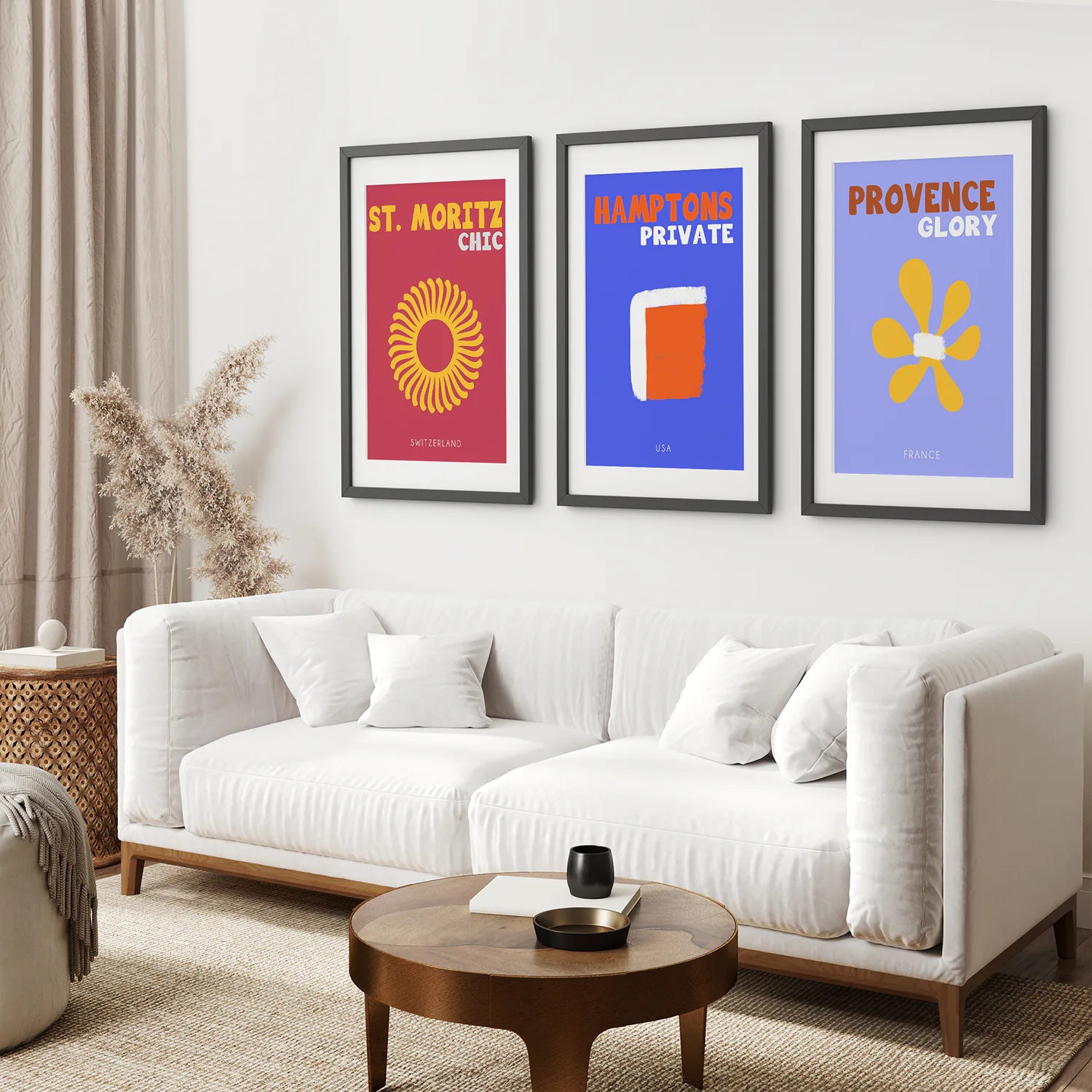 Maximalist Style Set of 3 Posters. Travel Theme. Black Frame with Mat. Living Room