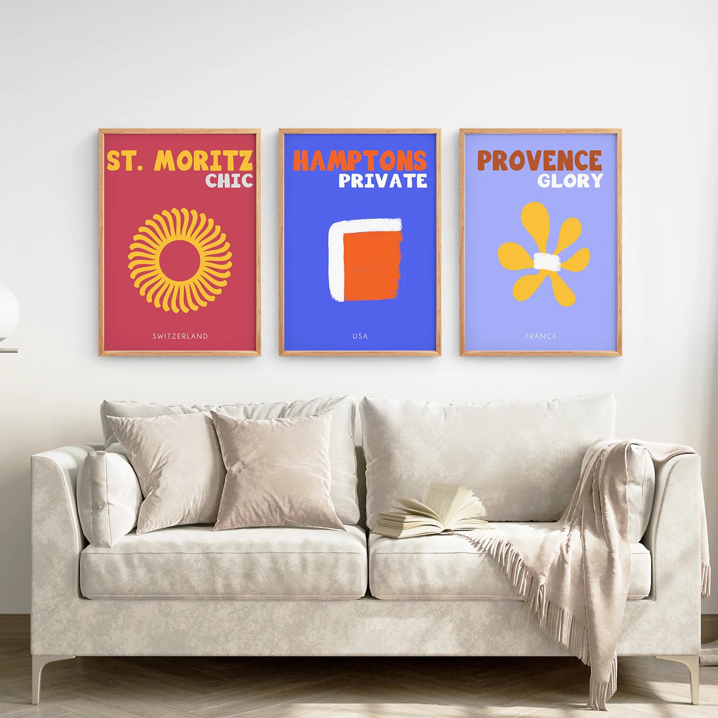 Maximalist Style Set of 3 Posters. Travel Theme. Thinwood Frame. Living Room