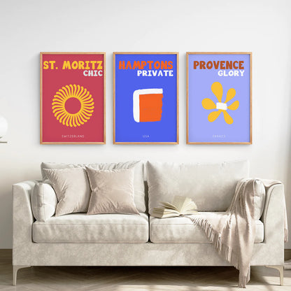 Maximalist Style Set of 3 Posters. Travel Theme. Thinwood Frame. Living Room