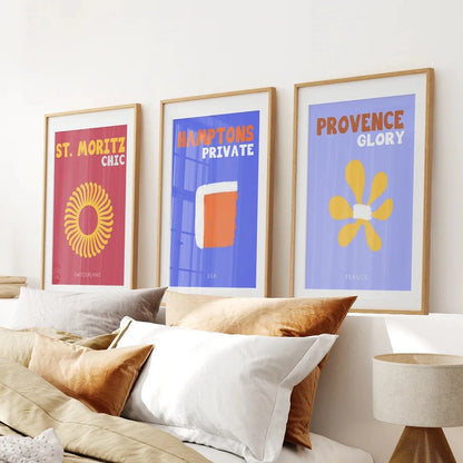 Maximalist Style Set of 3 Posters. Travel Theme. Thinwood Frame with Mat. Bedroom