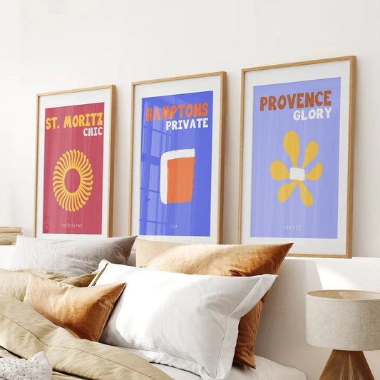 Maximalist Style Set of 3 Posters. Travel Theme. Thinwood Frame with Mat. Bedroom