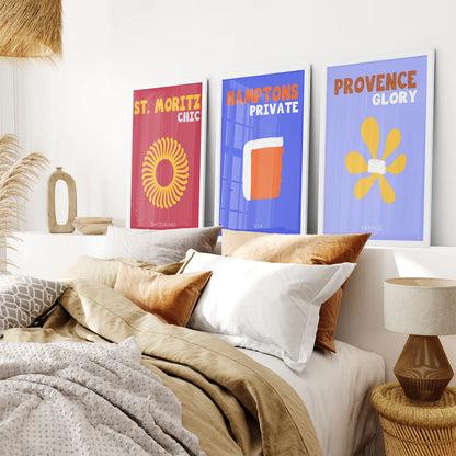 Maximalist Style Set of 3 Posters. Travel Theme. White Frame. Bedroom