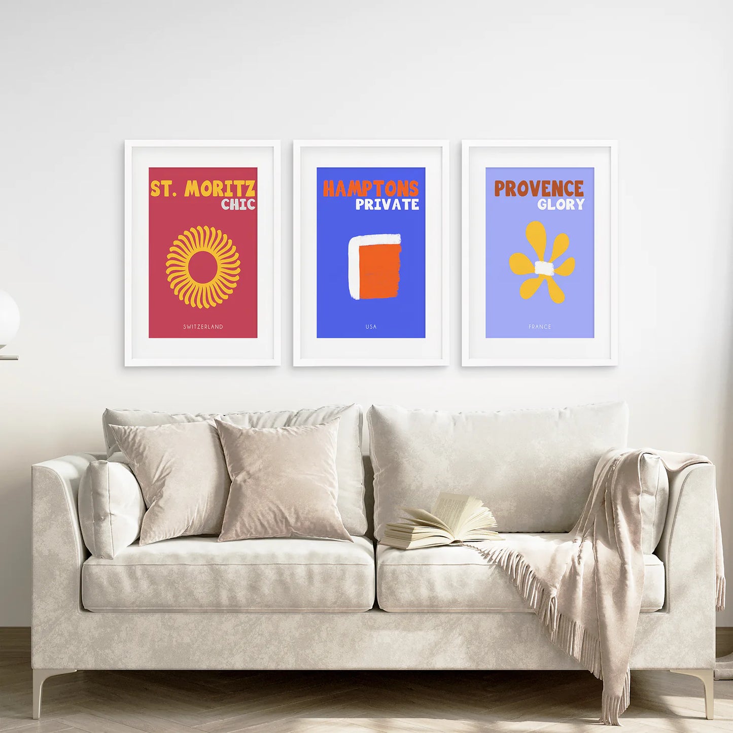 Maximalist Style Set of 3 Posters. Travel Theme. White Frame with Mat. Living Room