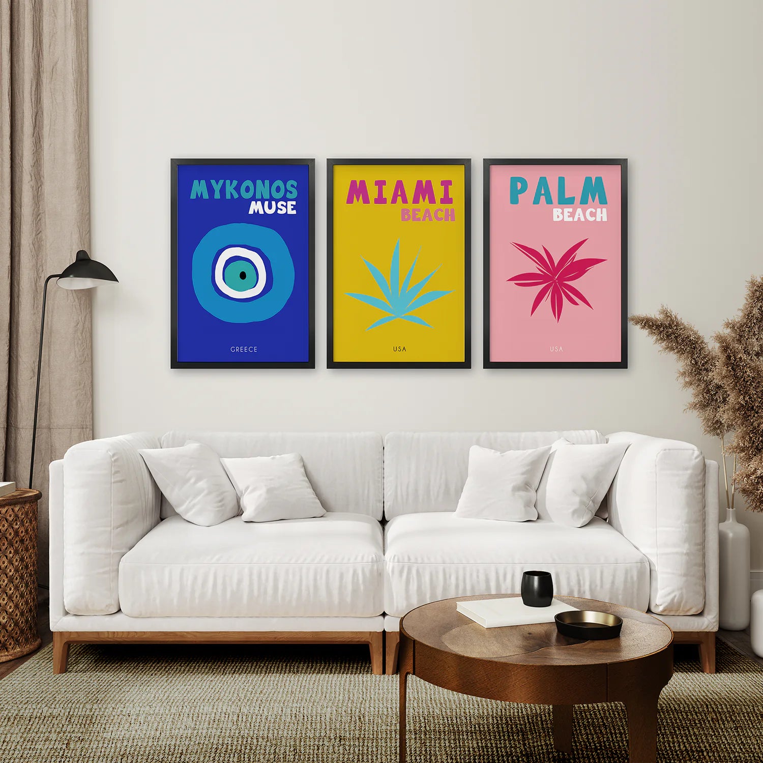 Trendy Maximalist Room Decor Set of 3 Prints. Travel Theme. Black Frame. Living Room