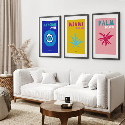 Trendy Maximalist Room Decor Set of 3 Prints. Travel Theme. Black Frame with Mat. Living Room