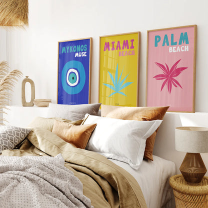 Trendy Maximalist Room Decor Set of 3 Prints. Travel Theme. Thinwood Frame. Bedroom