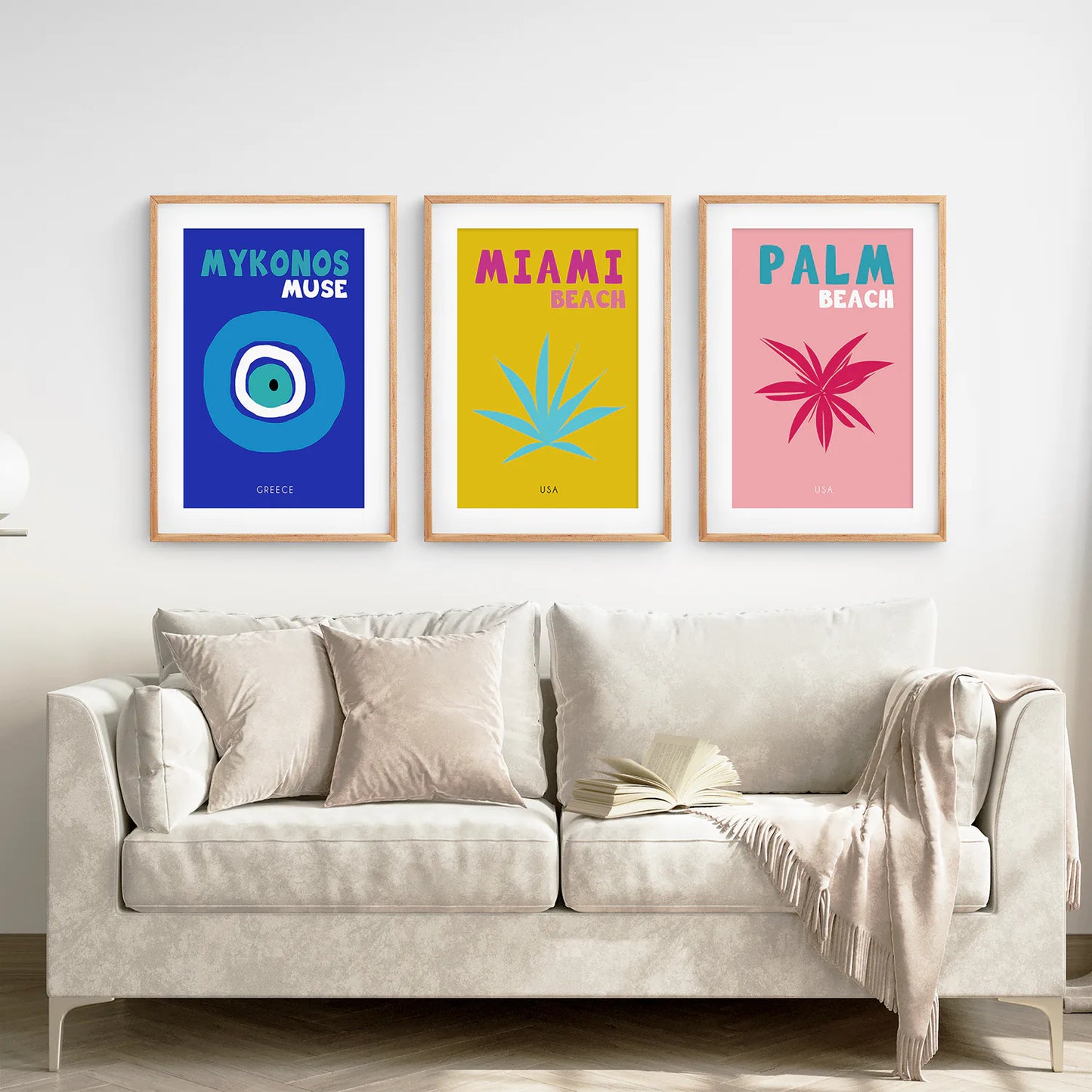 Trendy Maximalist Room Decor Set of 3 Prints. Travel Theme. Thinwood Frame with Mat. Living Room