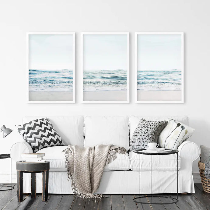 Blue Waves, Sandy Beach. Minimalist 3 Piece Wall Decor - White Frames