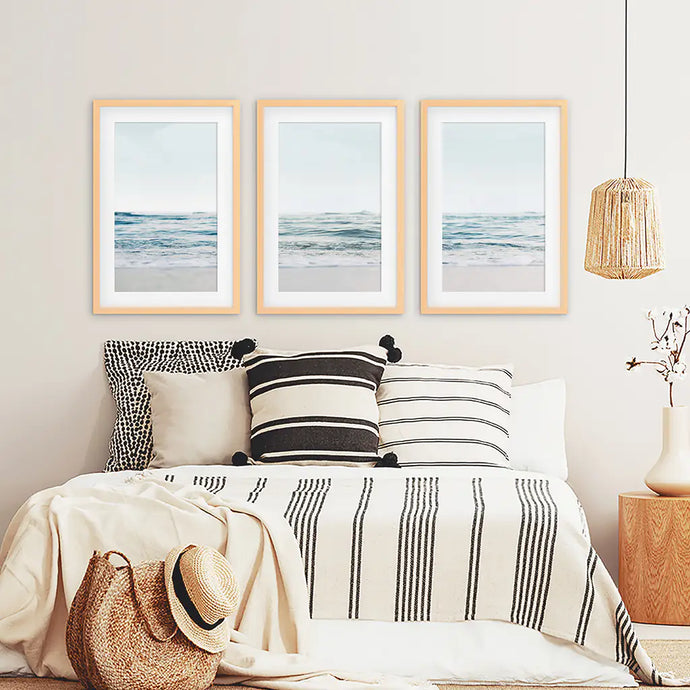 Blue Waves, Sandy Beach. Minimalist 3 Piece Wall Décor - Wood Frames with Mat